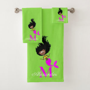 Monogram Mermaid African American Brown Black Girl Bath Towel Set