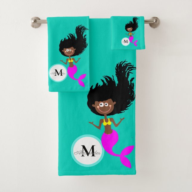 Monogram Mermaid African American Brown Black Girl Bath Towel Set (Insitu)