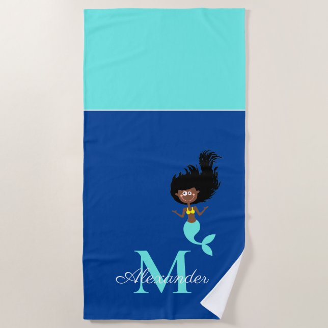 Monogram Mermaid African American Brown Black Girl Beach Towel (Front)