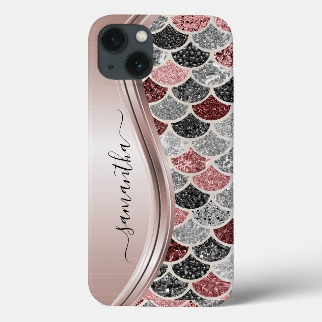Monogram Mermaid Scale Glitter Pink Silver Name  Case-Mate iPhone Case (Back)