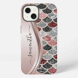 Monogram Mermaid Scale Glitter Pink Silver Name  iPhone 13 Case