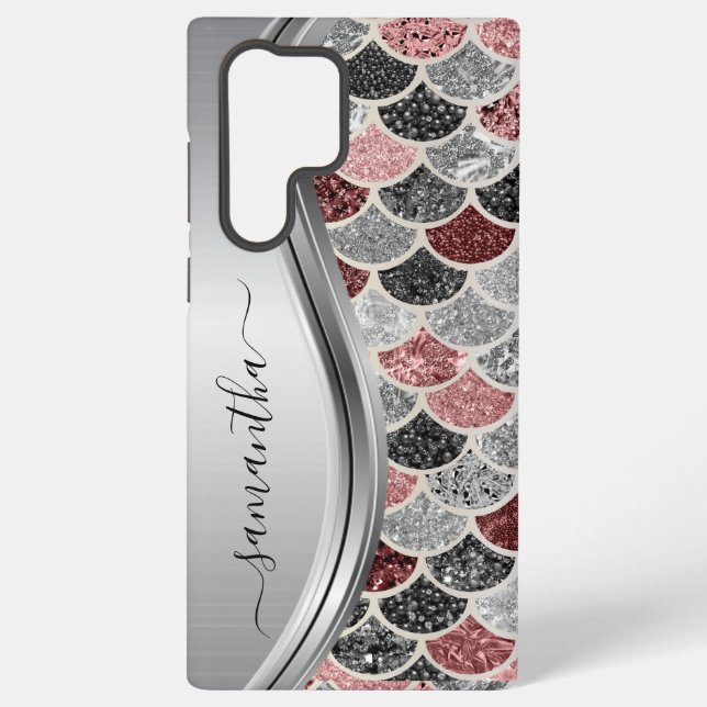 Monogram Mermaid Scale Glitter Pink Silver Name  Samsung Galaxy S22 Ultra Case (Back)