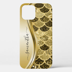 Monogram Mermaid Scale Glitter Yellow Gold Name iPhone 12 Case
