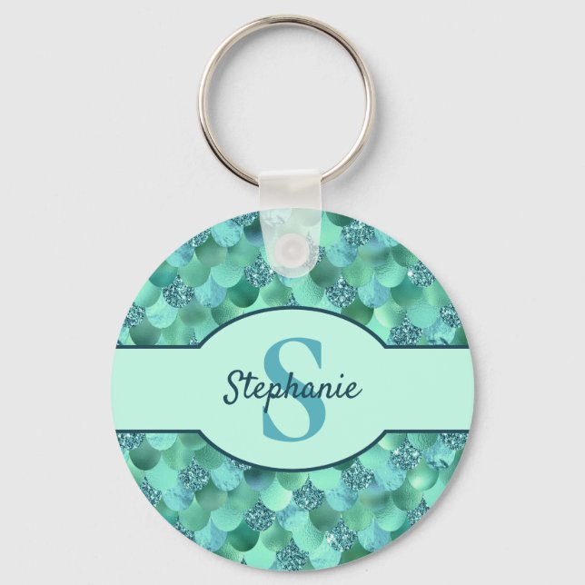 Monogram Mermaid Scales Sea Green Aqua Blue Keychain (Front)