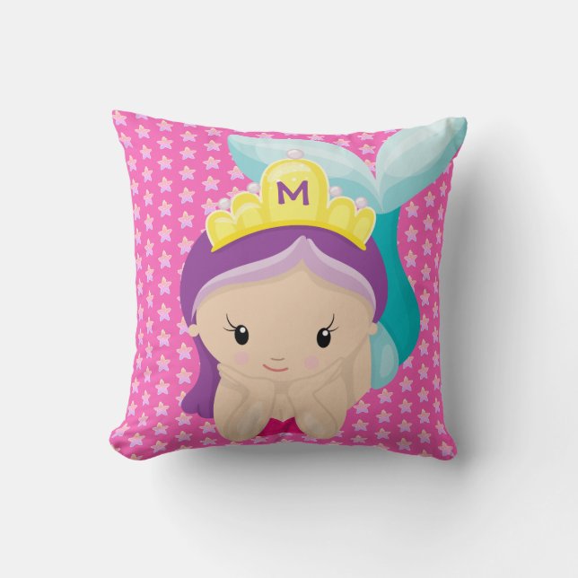Monogram Mermaid Starfish Pink Girly Cartoon Throw Pillow (Front)