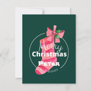 Monogram Merry Christmas Best wishes ribbon green  Card