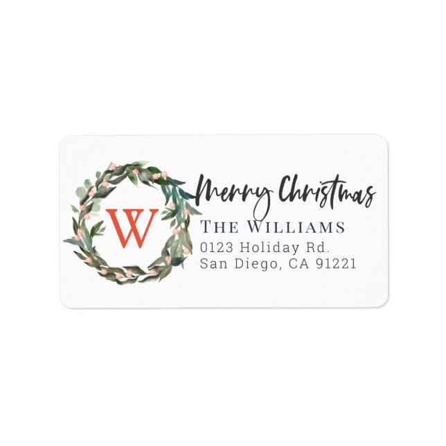 Monogram Merry Christmas Greenery Wreath Holiday Label (Front)