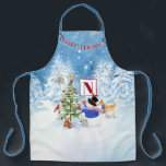 Monogram Merry Christmas Snowman Cardinal Deer Owl Apron<br><div class="desc">"Monogram Merry Christmas Snowman Cardinal Deer Owl." Your monogram initial is easily replaced in the template field to customized for your family or as a gift. Lovely dreamy snowfall forest background is perfect for the holiday & Christmas season. An adorable snowman is decorating a Christmas tree with his friends the...</div>