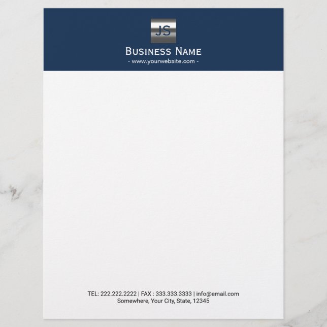 Monogram Metal Logo Navy Blue Modern Professional Letterhead (Front)