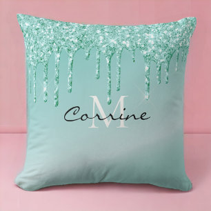 Monogram Metallic Aqua Blue Dripping Glitter Throw Pillow