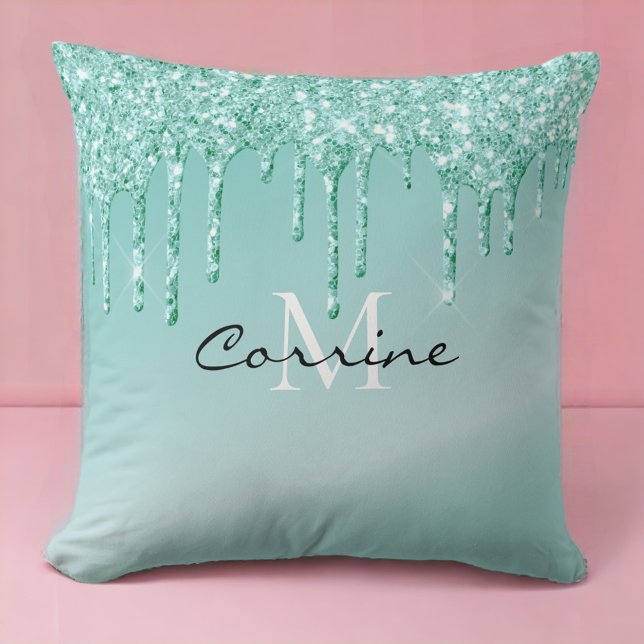 Monogram Metallic Aqua Blue Dripping Glitter Throw Pillow (Creator Uploaded)