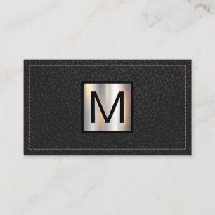 Monogram Metallic Banner   Stitched Black Leather Business Card