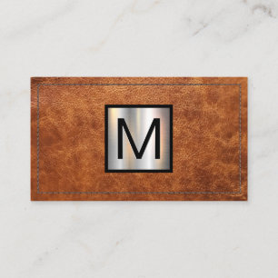 Monogram Metallic Banner   Stitched Brown Leather Business Card