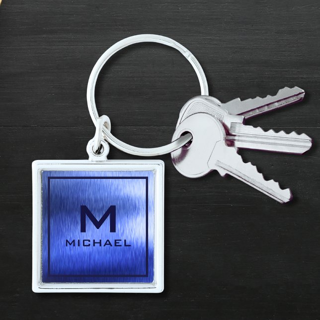 Monogram Metallic Blue Textured Personalized Name Keychain (Creator Uploaded)