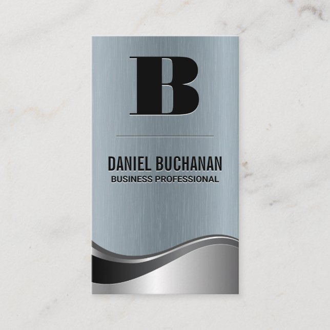 Monogram / Metallic Brushed Wave Background Business Card (Front)