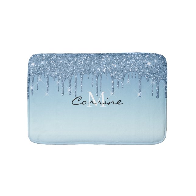Monogram Metallic Frozen Ice Blue Glitter Dripping Bath Mat (Front)