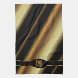 Monogram Metallic Gold Abstract Diagonal Stripes Kitchen Towel