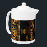 Monogram Metallic Gold and Black Damask<br><div class="desc">Teapot. Featuring a beautiful Monogram Metallic Gold and Black Damask Pattern. A charming accent to add to your home or give for a housewarming gift. 📌If you need further customization, please click the "Click to Customize further" or "Customize or Edit Design" button and use our design tool to resize, rotate,...</div>