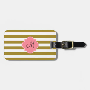 Monogram Metallic Gold and Pink Striped Pattern Luggage Tag