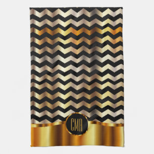 Monogram Metallic Gold & Black Stripe Chevron Kitchen Towel