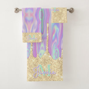 Monogram Metallic Gold Glitter Drip & Iridescent Bath Towel Set