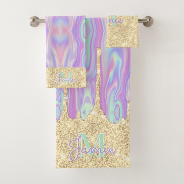 Monogram Metallic Gold Glitter Drip & Iridescent Bath Towel Set (Insitu)