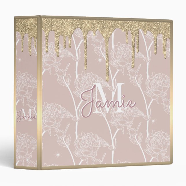 Monogram Metallic Gold Glitter Drip & Mauve Floral Binder (Front/Spine)