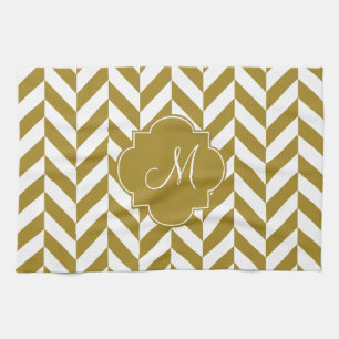 Monogram Metallic Gold Herringbone Pattern Kitchen Towel