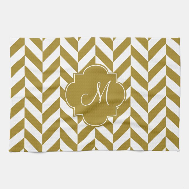 Monogram Metallic Gold Herringbone Pattern Kitchen Towel (Horizontal)