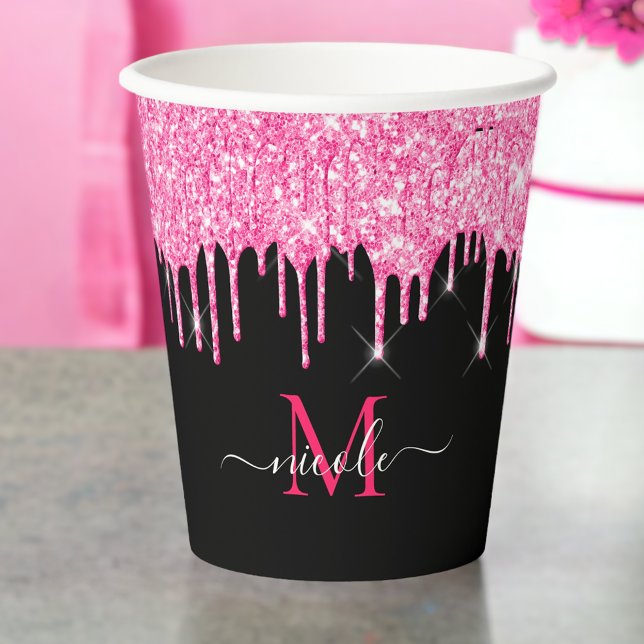 Monogram Metallic Hot Pink Dripping Glitter Black  Paper Cups (Creator Uploaded)