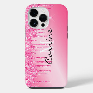 Monogram Metallic Hot Pink Glitter Drips Android + iPhone 14 Pro Max Case