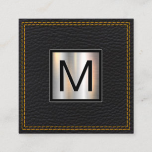 Monogram Metallic   Leather Black Double Stitched Square Business Card