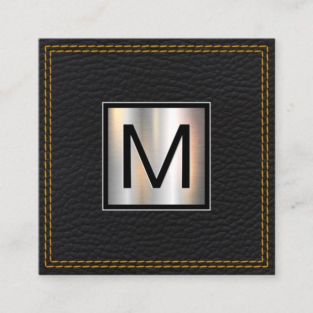 Monogram Metallic | Leather Black Double Stitched Square Business Card (Front)