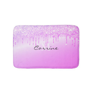 Monogram Metallic Magenta Hot Pink Glitter Drips Bath Mat