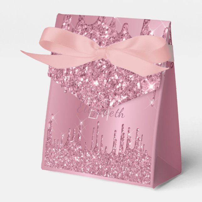 Monogram Metallic Pink Dripping Glitter Girly Favor Box (Front Side)