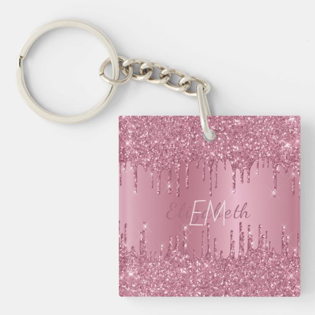 Monogram Metallic Pink Dripping Glitter Girly Keychain (Front)