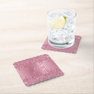 Monogram Metallic Pink Dripping Glitter Girly Paper Coaster