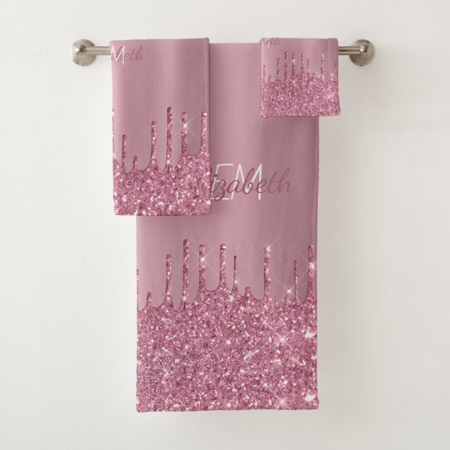 Monogram Metallic Pink Dripping Glitter Modern  Bath Towel Set (Insitu)