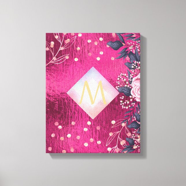 Monogram Metallic Pink Rosegold Navy Glitter Girly Canvas Print (Front)