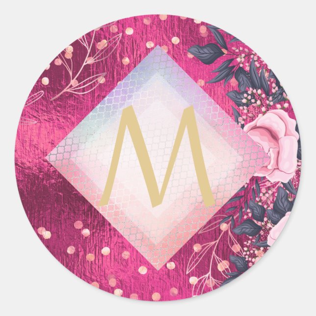 Monogram Metallic Pink Rosegold Navy Glitter Girly Classic Round Sticker (Front)
