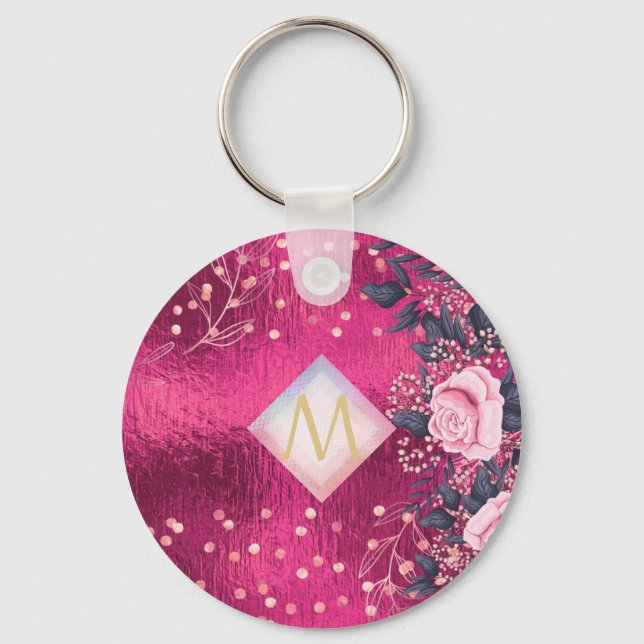 Monogram Metallic Pink Rosegold Navy Glitter Girly Keychain (Front)