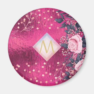 Monogram Metallic Pink Rosegold Navy Glitter Girly Magnet