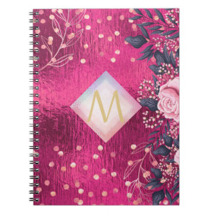 Monogram Metallic Pink Rosegold Navy Glitter Girly Notebook