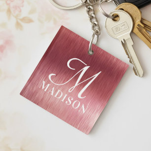 Monogram Metallic Pink Textured Personalized Name Keychain