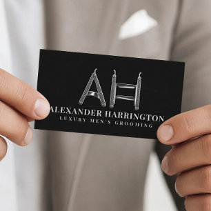 Monogram Metallic Razor Barber Shop Business Card