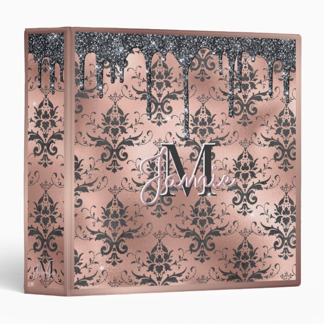 Monogram Metallic Rose Gold & Black Glitter Damask Binder (Front/Spine)