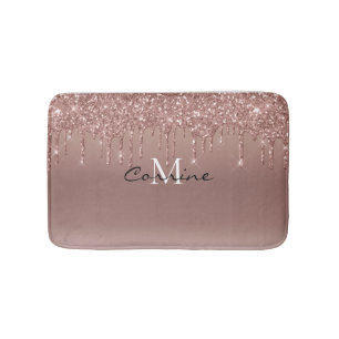 Monogram Metallic Rose Gold Dripping Faux Glitter Bath Mat