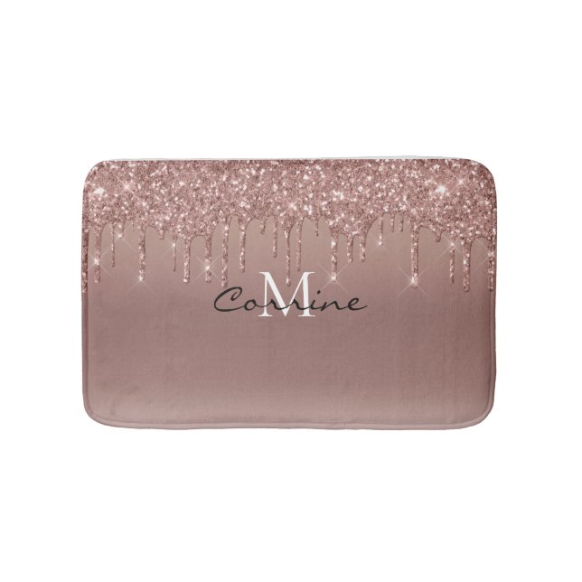 Monogram Metallic Rose Gold Dripping Faux Glitter Bath Mat (Front)