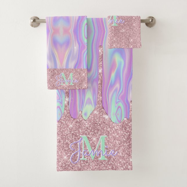 Monogram Metallic Rose Gold Glitter & Iridescent Bath Towel Set (Insitu)