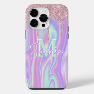 Monogram Metallic Rose Gold Glitter & Iridescent iPhone 14 Pro Max Case